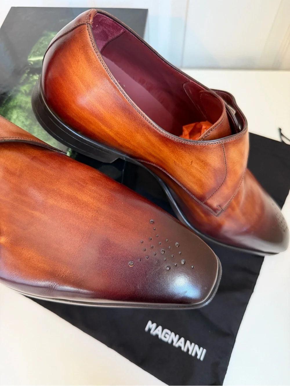 Magnanni Cognac Leather Dress Shoes 12 Hand Antiqued Finish, NIB